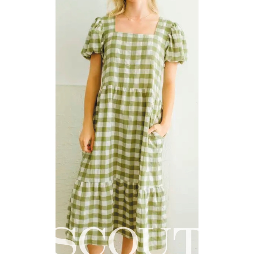 Sage Gingham Midi Dress with Puff Sleeve